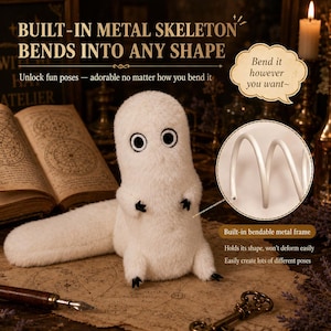 May include: A white plush creature with a long tail, black eyes, and small black claws. The text reads: BUILT-IN METAL SKELETON BENDS INTO ANY SHAPE, Unlock fun poses, Bend it however you want, Built-in bendable metal frame, Holds its shape.