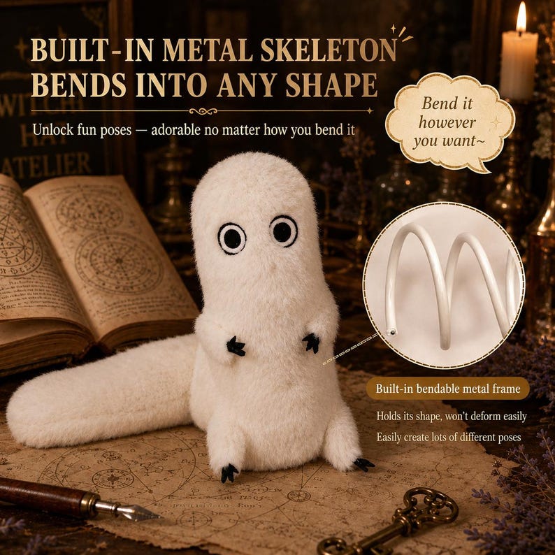 May include: A white plush creature with a long tail, black eyes, and small black claws. The text reads: BUILT-IN METAL SKELETON BENDS INTO ANY SHAPE, Unlock fun poses, Bend it however you want, Built-in bendable metal frame, Holds its shape.