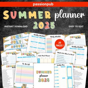Printable Editable SUMMER 2025 Planner Bundle | Summer Calendar and Checklist | Chore Chart for Kids |Summer Rules | Meal Plan & Bucket List