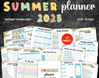 Planificador imprimible y editable VERANO 2025 / Calendario y lista de verificación de verano / Tabla de tareas para niños / Reglas de verano / Plan de comidas y lista de deseos