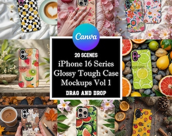 iPhone 16 Series Glossy Tough Phone Case Mockups 20 Scene Canva Vol 1 | Phone Cover Templates | Phone Case Mockups | Mockups for Canva