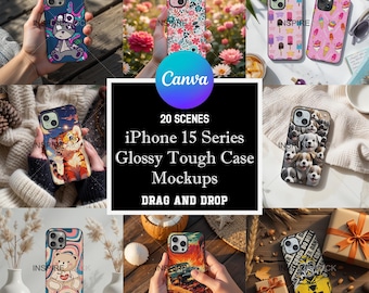 iPhone 15 Series Glossy Tough Phone Case Mockups 20 Scene Canva | Phone Cover Templates | Phone Case Mockups | Mockups for Canva