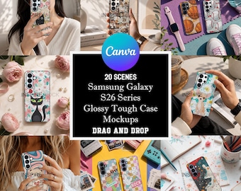 Może przedstawiać: Kolekcja 20 makiet błyszczących, wytrzymałych etui na telefony z serii Samsung Galaxy S26, prezentująca różne wzory, w tym czarnego kota, psa, motywy koszykarskie i kolorową grafikę w wielu różnych scenach.
