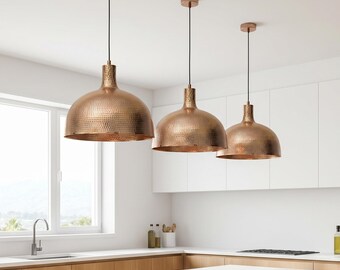 Hammered Copper Dome Pendant Lamp | Farmhouse Kitchen Island Lighting