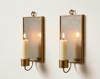 Set of 2 Brass Mirror Wall Sconces – Handmade Candle Holder Decor