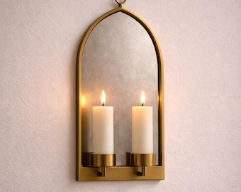 Bougeoir en laiton avec miroir arqué, décoration murale marocaine faite main