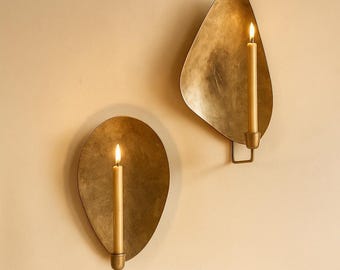 Hand-Forged Brass Leaf Candle Sconce Pair – Artisan Moroccan Decor