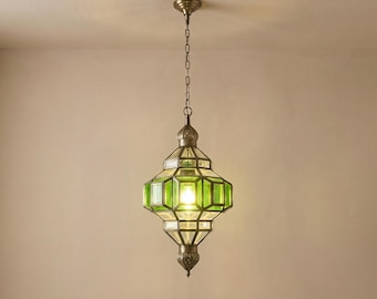 Green Glass Pendant Light – Brass Hanging Lamp, Vintage Ceiling Light Fixture, Elegant Lighting for Entryway or Living Room