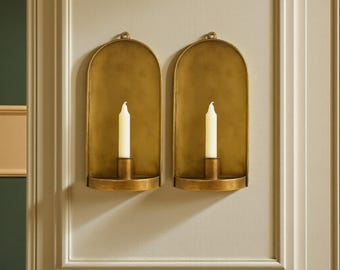 Handmade Brass Wall Candle Sconces Set – Antique Gold Arched Design