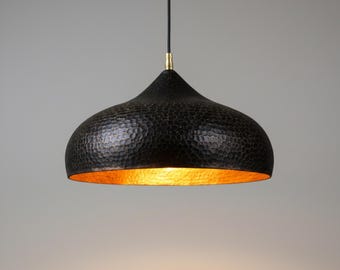 Messing Pendelleuchte für Kücheninsel, Black Dome Deckenleuchte, Handgehämmertes Gold-Interieur