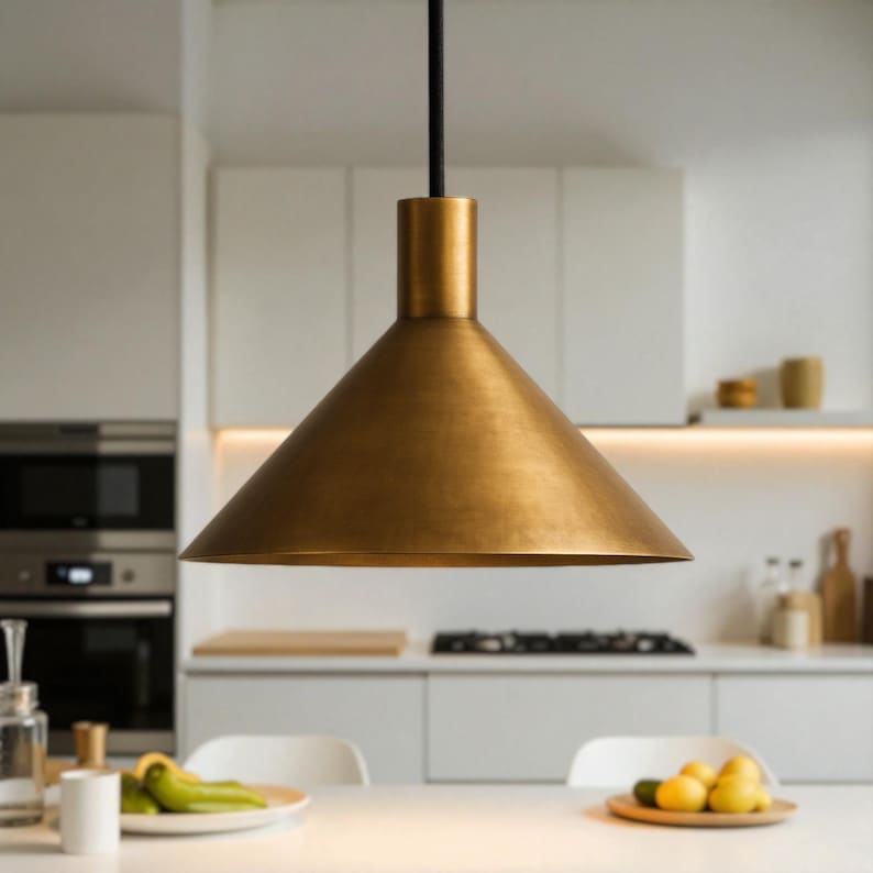 K&ouml;nnte beinhalten: Eine messingfarbene Pendelleuchte mit konischem Schirm h&auml;ngt von der Decke. Die Leuchte hat einen zylindrischen Aufsatz und ein schwarzes Kabel. Die K&uuml;che hat wei&szlig;e Schr&auml;nke und ein minimalistisches Design.