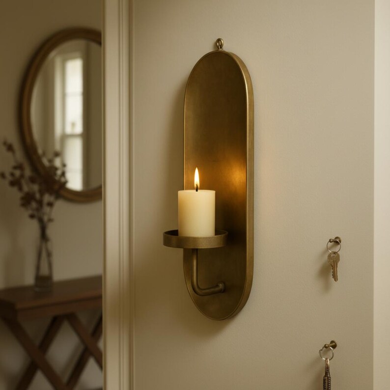 May include: A wall-mounted candle holder in a warm brass finish. The holder features an oval backplate with a small circular tray to hold a white pillar candle. A lit candle is in the holder, casting a warm glow. The holder has a hook at the top for hanging.