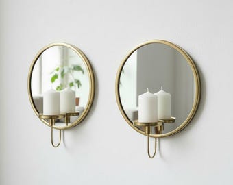 Zestaw 2 okrągłych mosiężnych świeczników lustrzanych, minimalistyczny kinkiet, para w stylu vintage
