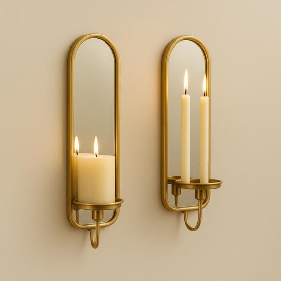 Brass Mirror Wall Sconces - Set of 2, Modern Candle Holders