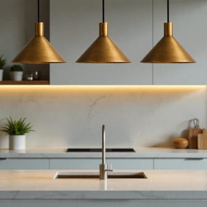 K&ouml;nnte beinhalten: Drei goldfarbene Pendelleuchten mit konischem Schirm h&auml;ngen &uuml;ber einer K&uuml;chenarbeitsplatte. Die Leuchten sind an schwarzen Kabeln aufgeh&auml;ngt. Die K&uuml;che verf&uuml;gt &uuml;ber eine hellfarbige Arbeitsplatte, eine Edelstahlarmatur und einen hellblauen Schrank.