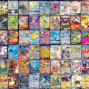 May include: A collection of colorful Pokémon trading cards, featuring various characters and designs. The cards are arranged in a grid, showcasing a variety of artwork and card types. The cards are in excellent condition, with vibrant colors and sharp details.
