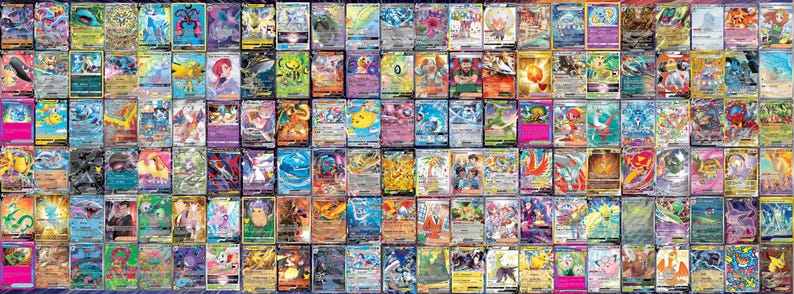 May include: A collection of colorful Pok&eacute;mon trading cards, featuring various characters and designs. The cards are arranged in a grid, showcasing a variety of artwork and card types. The cards are in excellent condition, with vibrant colors and sharp details.