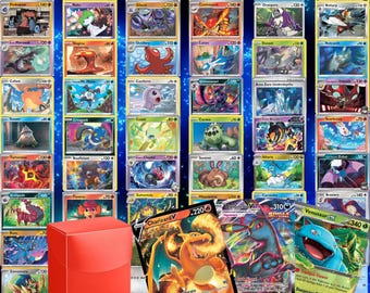 Pokemon 100 Card Lot TCG Collection + FREE Deck Box – 3 Ultra Rares Guaranteed V Vmax EX Gx Radiant Rare – Authentic Collection Gift Set