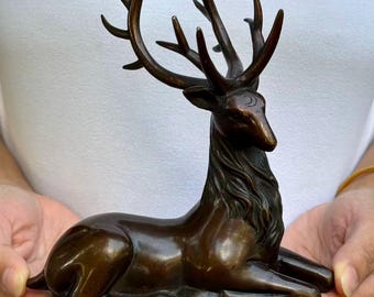 Vintage Peaceful Red Copper Deer Sculpture Model  Figurine Statue Decor Copper Decorative Lucky  Deer Ornament Collectible