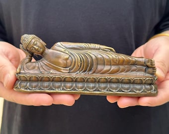Small Vintage style copper Shakyamuni Sleeping Buddha Figure Statue ,Lying Buddha Figurine,Buddhism Buddhist Meditation Decor Indoor Decor