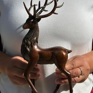 Puede incluir: Una escultura de ciervo de color bronce con cuernos detallados y una melena fluida. El ciervo está de pie, mostrando su elegante forma. Esta pieza decorativa es ideal para la decoración del hogar y añade un toque de arte inspirado en la naturaleza.