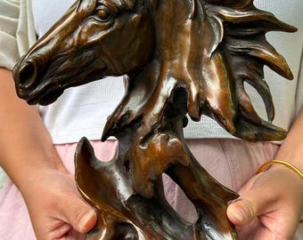 Copper Bronze Handsome Horse Hand Bust Statue Figure, Horse Head Statue Sculpture Equilibrium Brass Fengshui 12 Zodiac Year Horse  ornaments