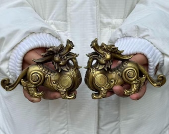 Para zabytkowych miedzianych posągów Pixiu Feng Shui, zwierzęcych, bestii, jednorożca, bogactwa Bixie, chińskich miedzianych wygnańców złych duchów, dzielnych żołnierzy, Kylin, prezenty