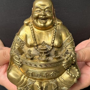 Copper Happy Laugh Maitreya Buddha Wealth Statue, Brass Laughing Smiling Buddha Statue Budai Figure Buddhism Happiness Temple decor Figurine