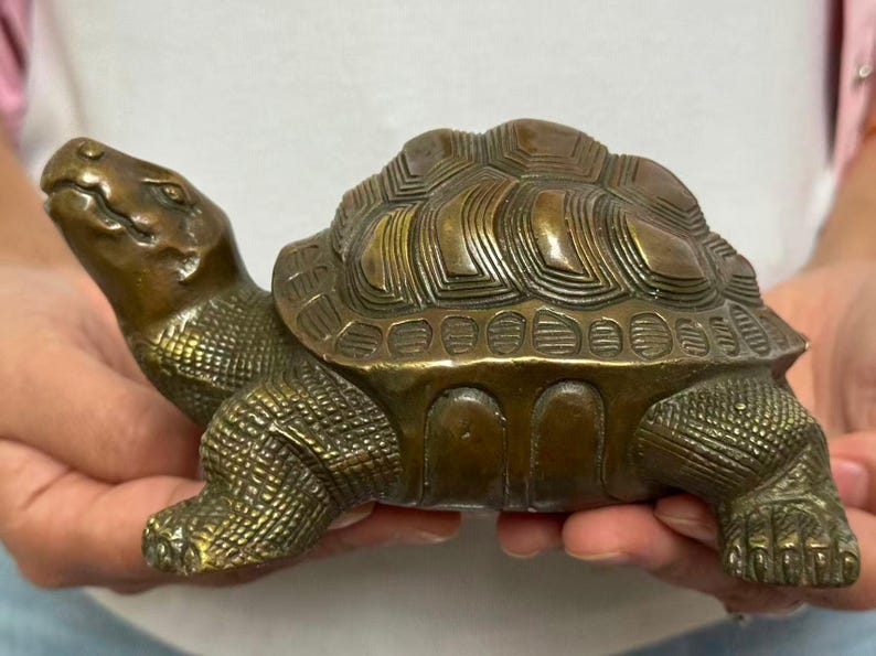 May include: A bronze turtle figurine with detailed shell and textured skin. The sculpture is held in hands, showcasing its antique finish and intricate design. The turtle's head is raised, and its legs are extended, giving it a lifelike appearance.
