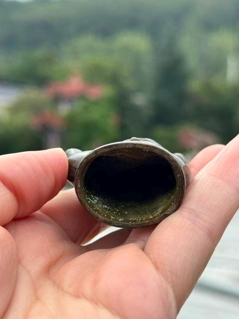 May include: A close-up view of a bronze-colored, hollow object with a dark interior. The object has a circular opening and appears to be made of metal. The background is blurred, with green foliage visible.