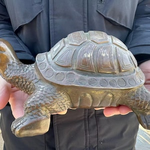 May include: Bronze turtle sculpture with detailed shell and textured skin. The turtle is held in front of a dark jacket. The sculpture has a detailed head and legs, and is a decorative item.