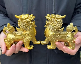 Pair Copper qilin Statue Fengshui Animal pixiu Beast Wealth Bixie ,Copper Exorcise Evil Spirits brave troops Kylin Opening Gifts ornaments