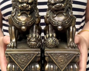 Pair Asian Copper  Lion Statue,Feng shui Evil Fu Foo Dog animal Chinese Bronze Fu Foo Dog Guardian Lion wealth lucky Opening gifts ornaments
