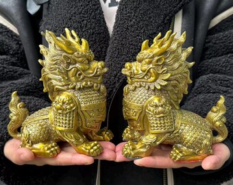 Pair Asian Copper Pixiu qilin Beast Wealth Bixie Statue ,Chinese Copper Exorcise Evil Spirits brave troops Kylin  Fengshui Animal Gilt decor