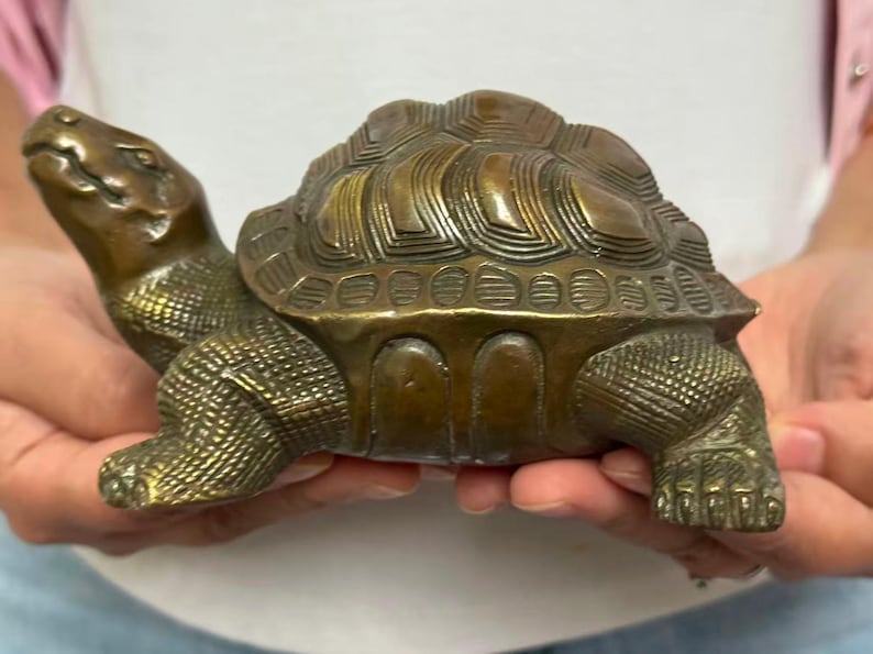 May include: A bronze-colored turtle figurine with detailed shell and textured skin. The sculpture is held in two hands, showcasing its intricate design and craftsmanship. The turtle's head is extended, and its legs are visible.