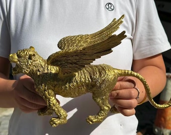 Vintage Mythological Copper Winged Tiger Figurine statue, Brass Big Cat Sculpture Home Decor Ornament, Golden Dragon tabletop  ornaments