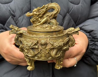 Copper Chinese Dragon relief Incense Burner Holder with Foo Dog Lion Lid Home Decoration,Censer burner folk dragon pattern meditation decor