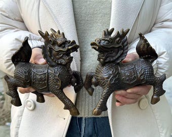 Pair vintage Copper qilin Statue Fengshui Animal pixiu Beast Wealth Bixie ,Chinese Copper Exorcise Evil Spirits brave troops Kylin ornaments