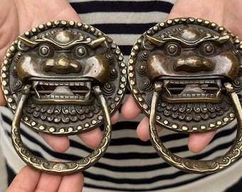 Vintage style small Copper lion Head Door Knocker, Feng shui Beijing lion Door Bell,  Old Copper beast  Door Lucky Door handle home decor