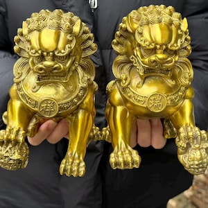 Par mässingsstaty av ond Fu Foo Dog, lejonstaty i mässing, gamla antikviteter i kinesisk koppar, Fu Foo Dog skyddslejonstatyer, Feng Shui rikedomsöppningsgåvor, hantverk