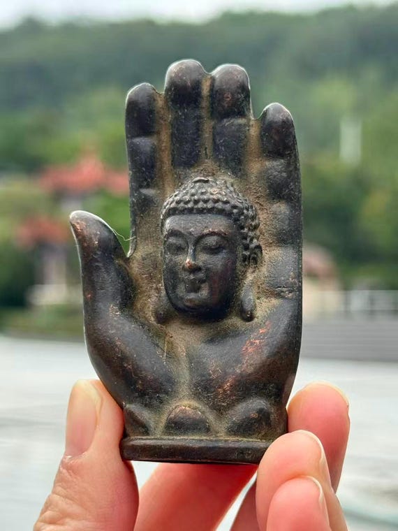 Vintage Brass Alloy Buddha Hand Paperweight – Handmade Desk Sculpture and Zen Home Decor