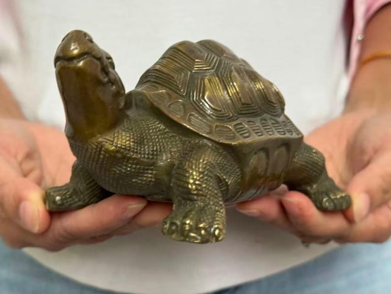 May include: A bronze-colored turtle figurine with detailed shell patterns and textured skin. The turtle is in a walking pose, with its head and legs extended. This decorative item is likely a home decor piece.