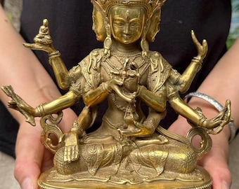 Vintage style Copper buddha statue temple ornaments Peace and Happiness, Eight Armed Buddhist Bodhisattva Statue Meditation Altar Decor