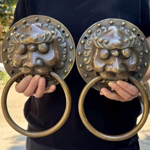 May include: A pair of circular bronze door knockers featuring a stylized lion head relief in the center. Each piece has a large, smooth, circular ring suspended from the lion's mouth and a decorative border with small raised studs around the edge.