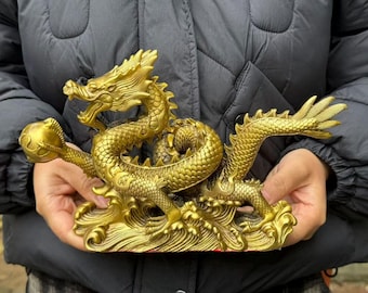 Chinesische Kupfer Feng Shui Drachenstatue Glück Erfolg Dekor, Vintage Royal Dragon, Jahr des Drachen Reichtum Drachen