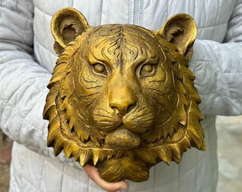 Vintage Copper tiger Head Wall Art Sculpture, Bedroom Wall Decoration,Big Cat Head sculpture Taxidermy Wall Ornaments decor Zodiac  tiger