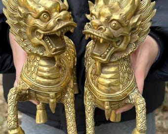 Par de estatuas de qilin de latón vintage Fengshui Animal pixiu Bestia unicornio Riqueza Bixie, Suerte Exorcismo Espíritus malignos valientes tropas Kylin decoración regalo