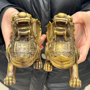 May include: Two bronze-colored statues of mythical creatures with open mouths and detailed features. Each statue has a rectangular plaque with Chinese characters. The statues are held in front of a black background.