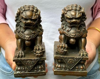 Pair Beijing Lions Fu Foo Dogs lion Statues copper Chinese Feng Shui Decor Prosperity Home and Office Sculpture Gift for House Warming gift