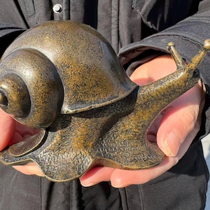 May include: A bronze snail sculpture with a textured shell and body. The sculpture is held in two hands, showcasing its detailed design and metallic finish. The snail's antennae are visible, adding to the realism of the piece.